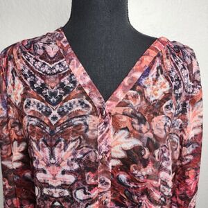Soft Surroundings Tunic Top Women Large Button Lagenlook Sheer Floral Tasha Long
